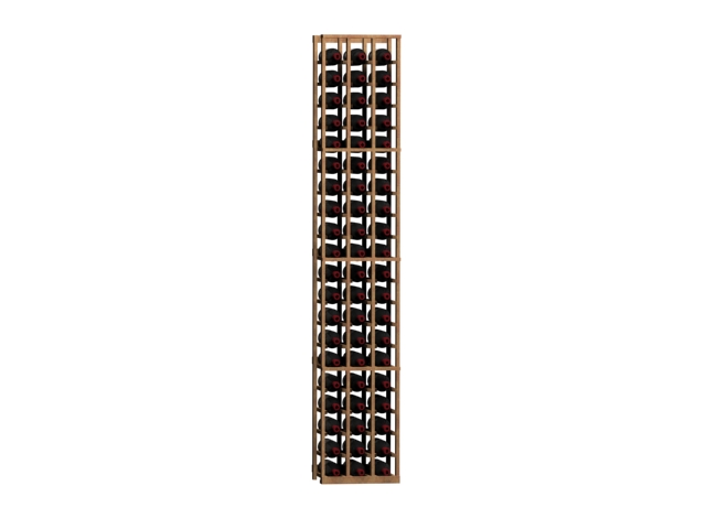 a row of wine bottles in a wooden rack on a white background