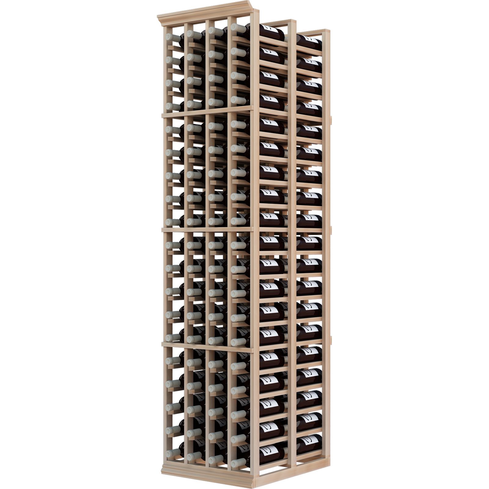 a wooden wine rack filled with bottles of wine on a white background . a wooden wine rack filled with bottles of wine on a white background .
